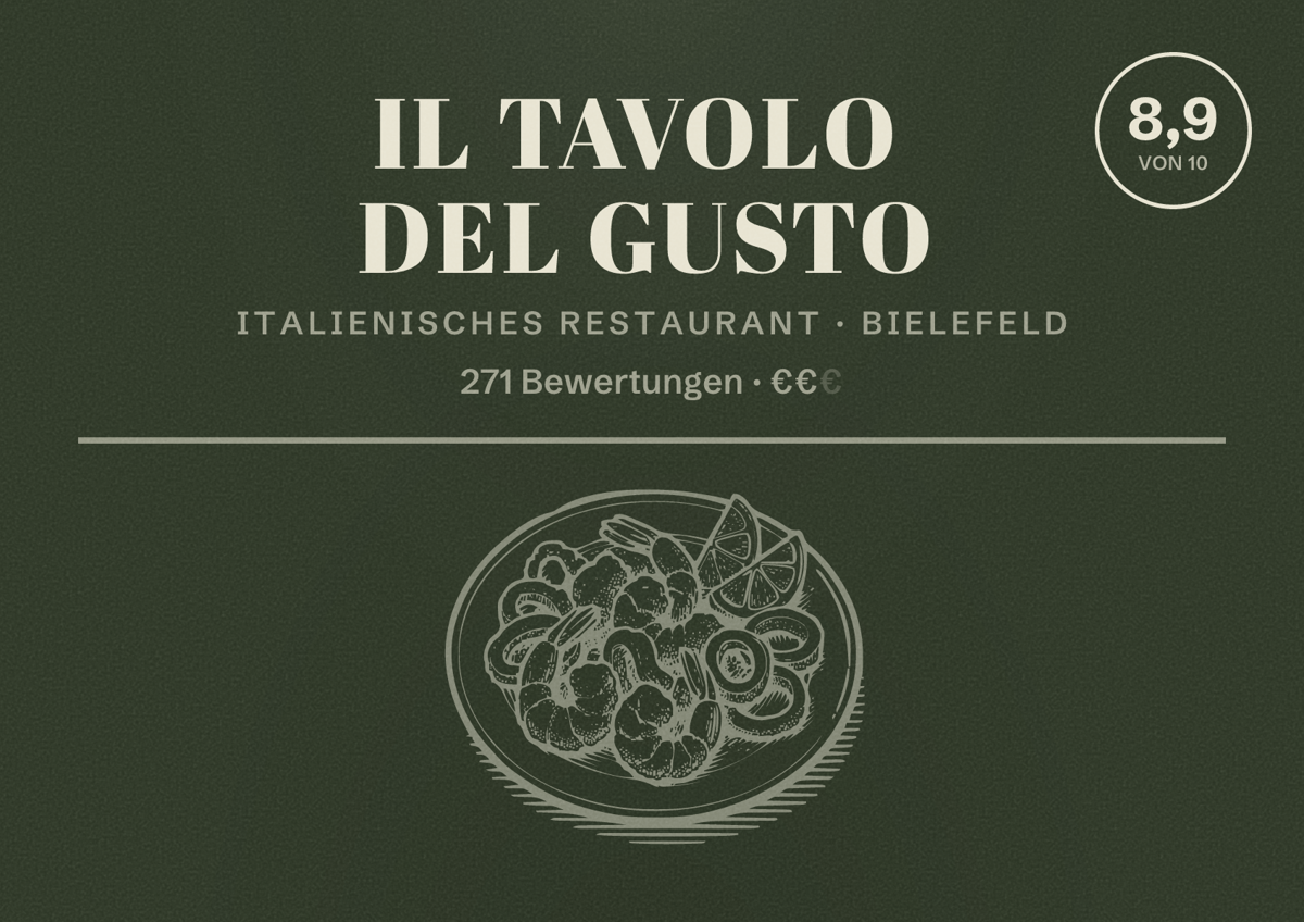 Illustriertes Poster von Il tavolo del Gusto, Italienisches Restaurant in Bielefeld: Bewertung 8,9 von 10 aus 271 Bewertungen, Preisniveau €€