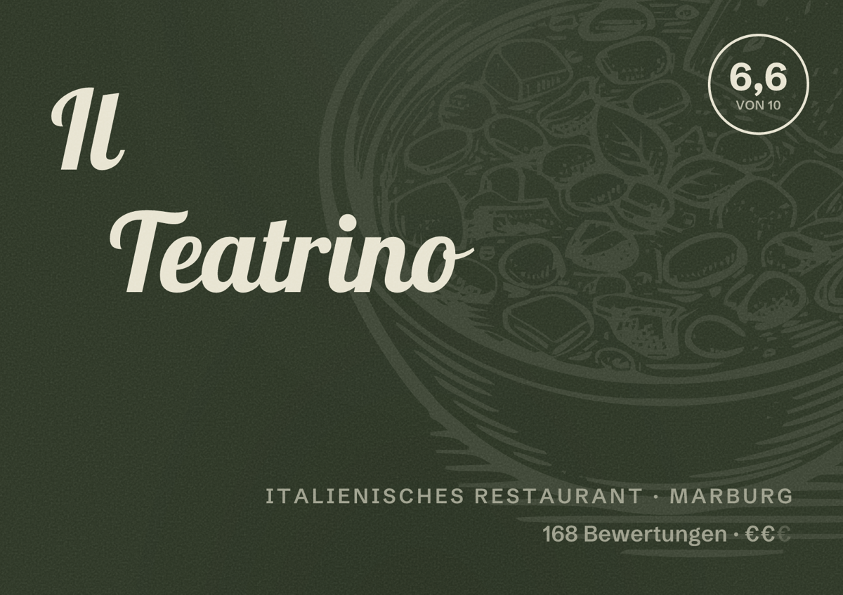 Illustriertes Poster von Il Teatrino, Italienisches Restaurant in Marburg: Bewertung 6,6 von 10 aus 168 Bewertungen, Preisniveau €€