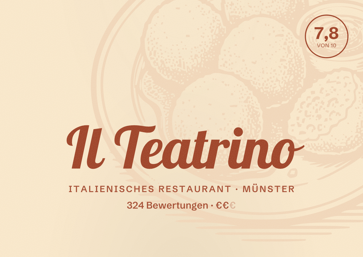 Illustriertes Poster von Il Teatrino, Italienisches Restaurant in Münster: Bewertung 7,8 von 10 aus 324 Bewertungen, Preisniveau €€