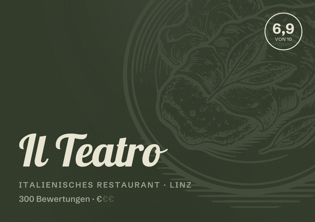 Illustriertes Poster von Il Teatro, Italienisches Restaurant in Linz: Bewertung 6,9 von 10 aus 300 Bewertungen, Preisniveau €