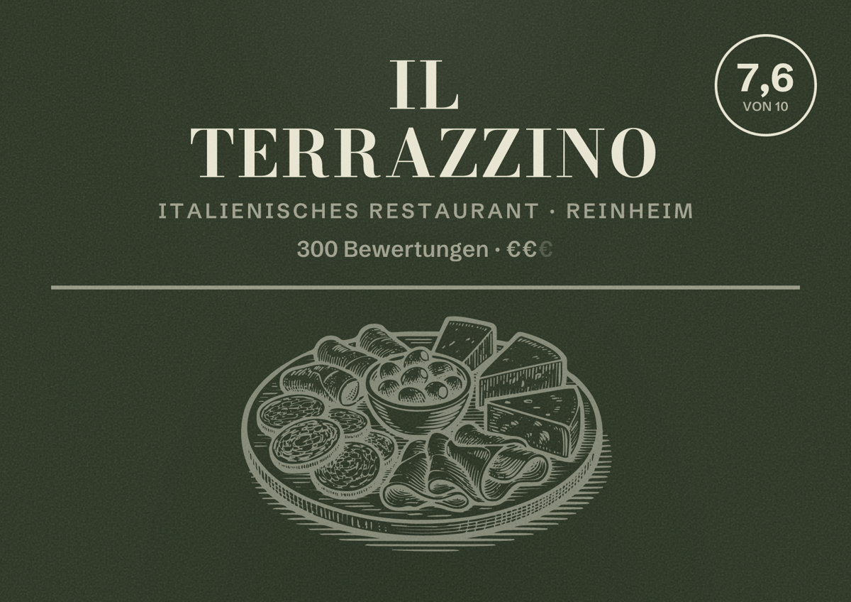 Illustriertes Poster von Il Terrazzino, Italienisches Restaurant in Reinheim: Bewertung 7,6 von 10 aus 300 Bewertungen, Preisniveau €€