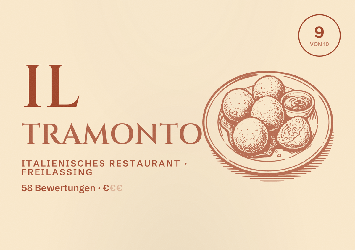 Illustriertes Poster von Il Tramonto, Italienisches Restaurant in Freilassing: Bewertung 9 von 10 aus 58 Bewertungen, Preisniveau €