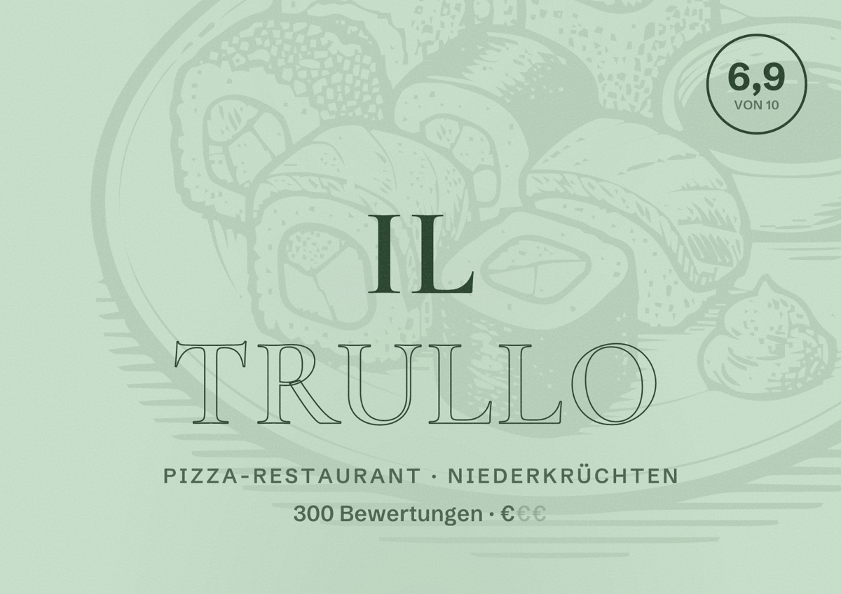 Illustriertes Poster von Il Trullo, Pizza-Restaurant in Niederkrüchten: Bewertung 6,9 von 10 aus 300 Bewertungen, Preisniveau €