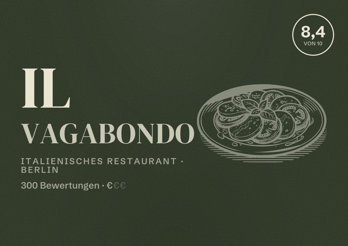 Illustriertes Poster von Il Vagabondo, Italienisches Restaurant in Berlin: Bewertung 8,4 von 10 aus 300 Bewertungen, Preisniveau €