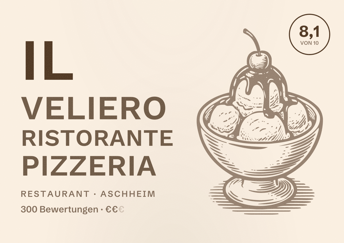 Illustriertes Poster von Il Veliero Ristorante Pizzeria, Restaurant in Aschheim: Bewertung 8,1 von 10 aus 300 Bewertungen, Preisniveau €€