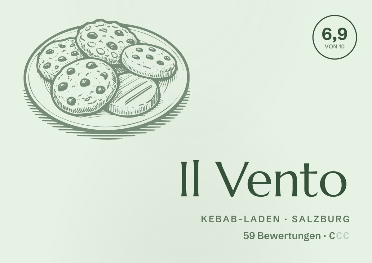 Illustriertes Poster von Il Vento, Kebab-Laden in Salzburg: Bewertung 6,9 von 10 aus 59 Bewertungen, Preisniveau €
