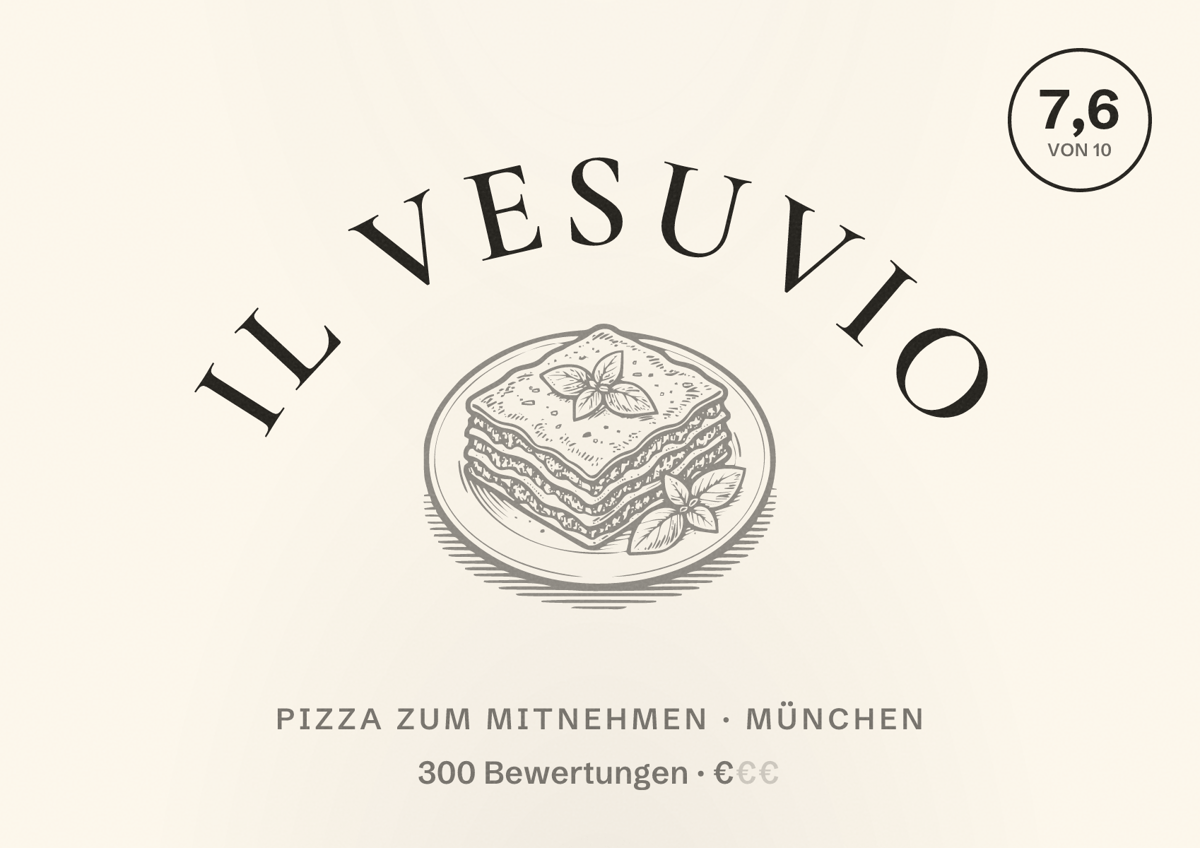 Illustriertes Poster von il Vesuvio, Pizza zum Mitnehmen in München: Bewertung 7,6 von 10 aus 300 Bewertungen, Preisniveau €