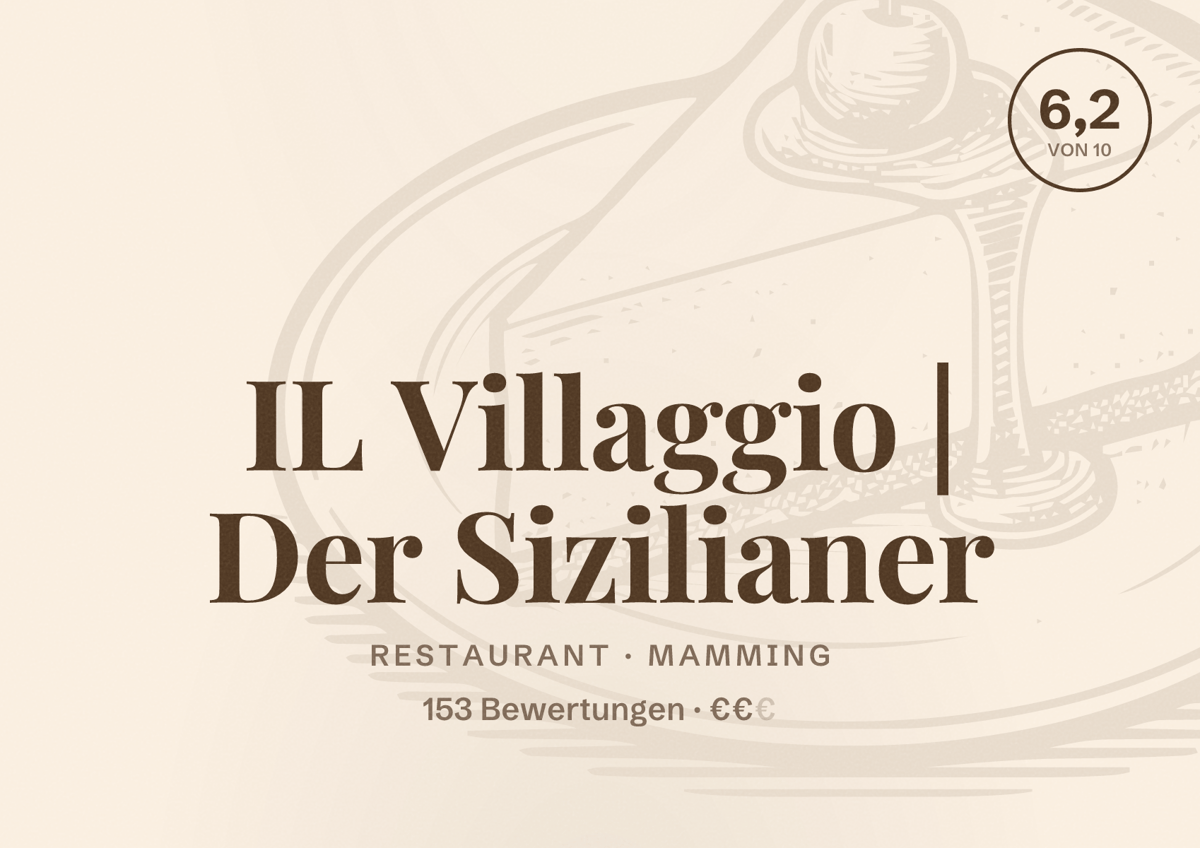Illustriertes Poster von IL Villaggio | Der Sizilianer, Restaurant in Mamming: Bewertung 6,2 von 10 aus 153 Bewertungen, Preisniveau €€
