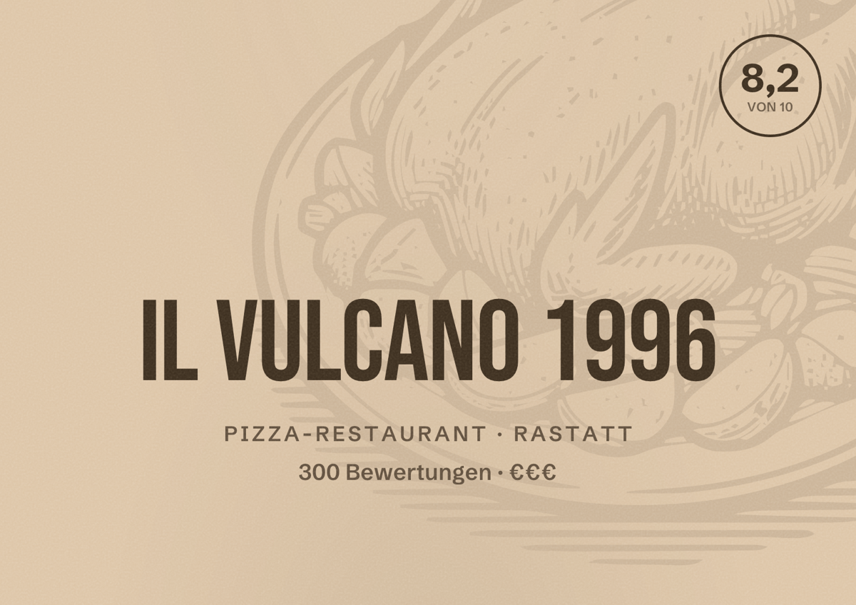 Illustriertes Poster von Il Vulcano 1996, Pizza-Restaurant in Rastatt: Bewertung 8,2 von 10 aus 300 Bewertungen, Preisniveau €€€