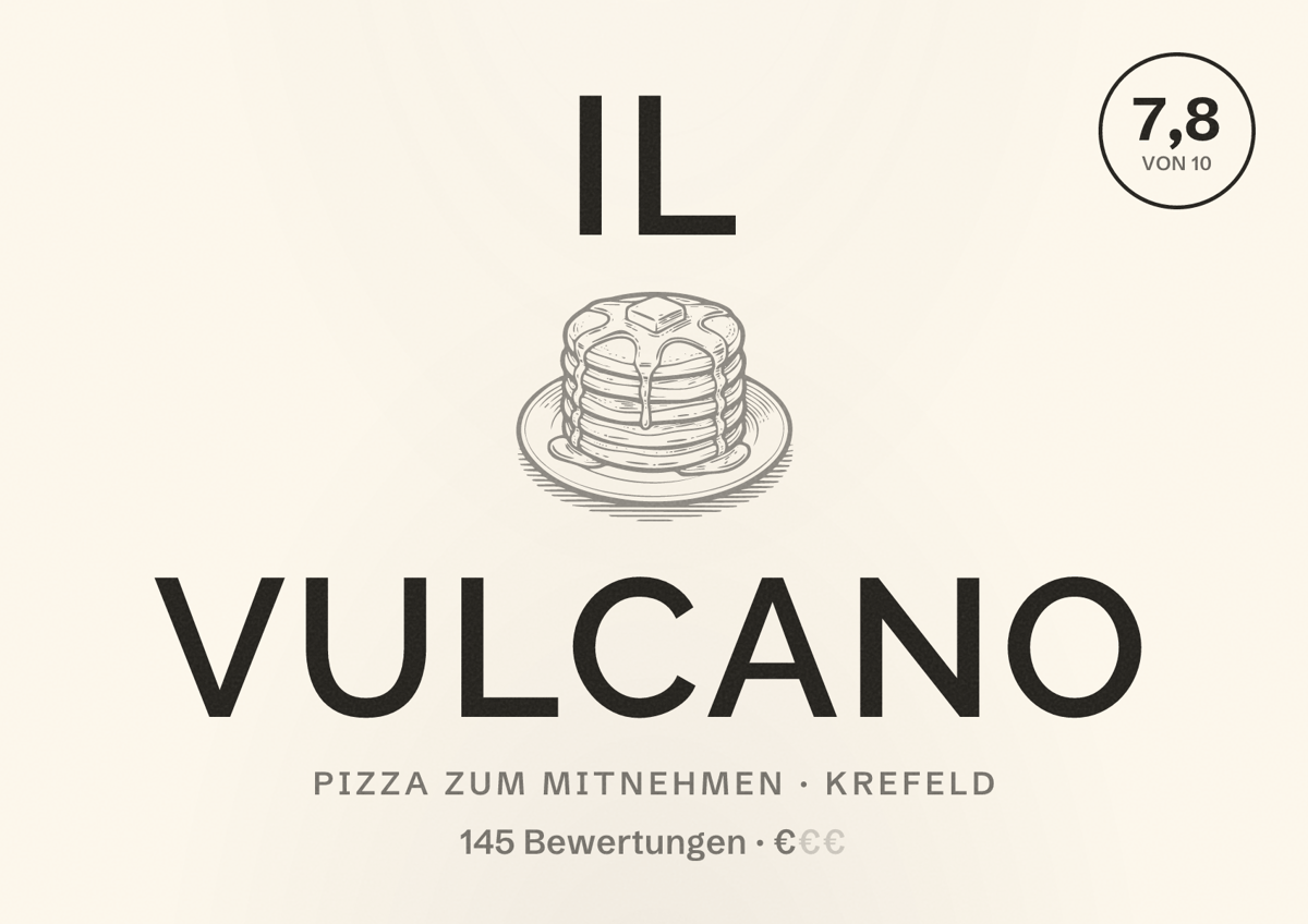 Illustriertes Poster von Il Vulcano, Pizza zum Mitnehmen in Krefeld: Bewertung 7,8 von 10 aus 145 Bewertungen, Preisniveau €