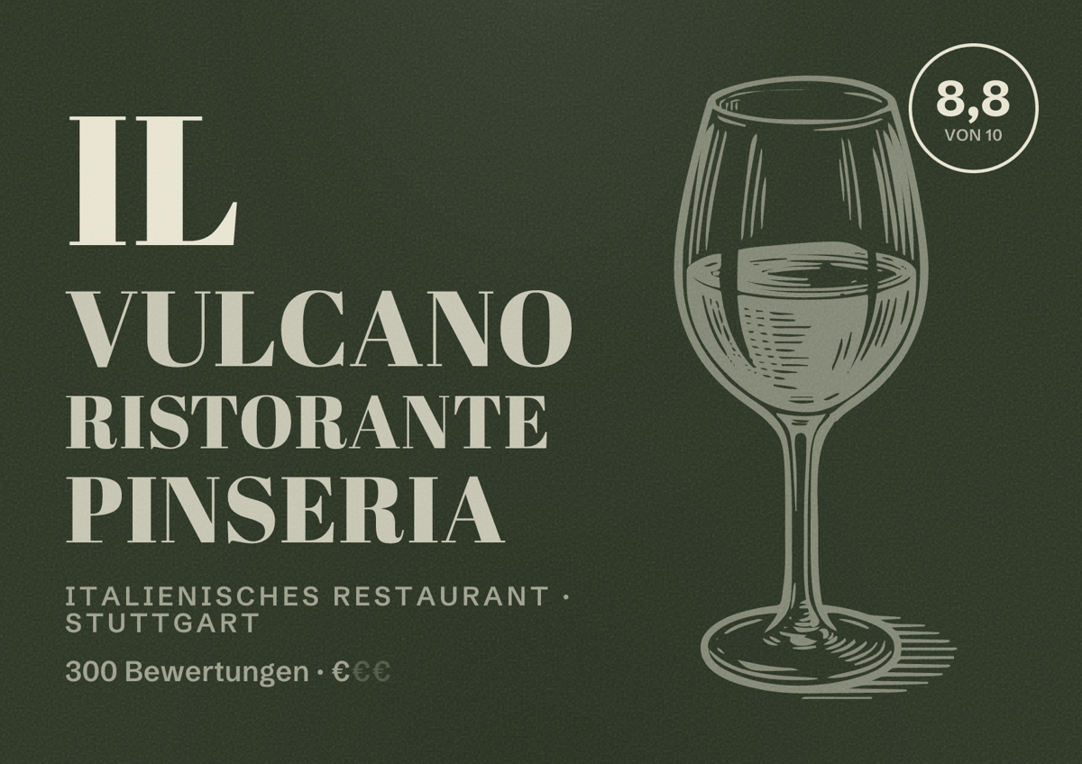 Illustriertes Poster von Il Vulcano Ristorante Pinseria, Italienisches Restaurant in Stuttgart: Bewertung 8,8 von 10 aus 300 Bewertungen, Preisniveau €