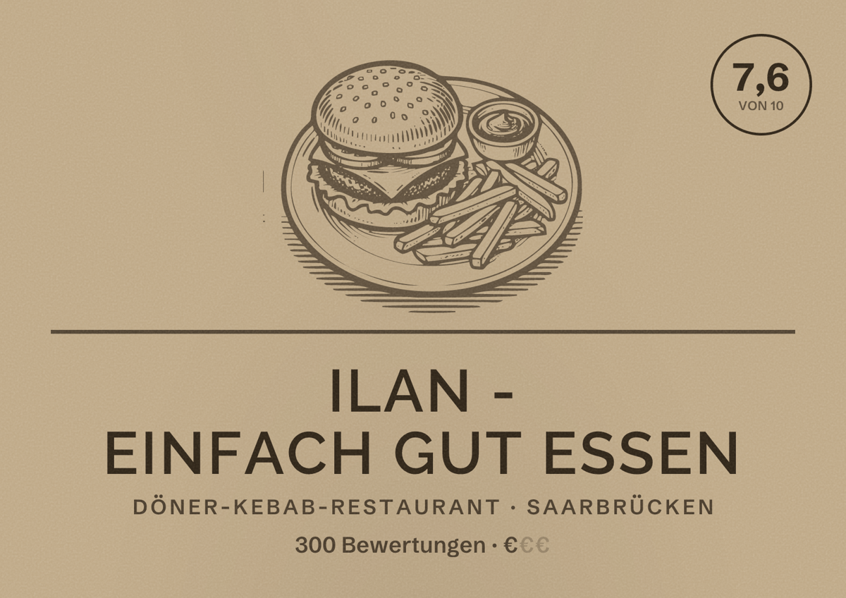Illustriertes Poster von ilan - einfach gut essen, Döner-Kebab-Restaurant in Saarbrücken: Bewertung 7,6 von 10 aus 300 Bewertungen, Preisniveau €