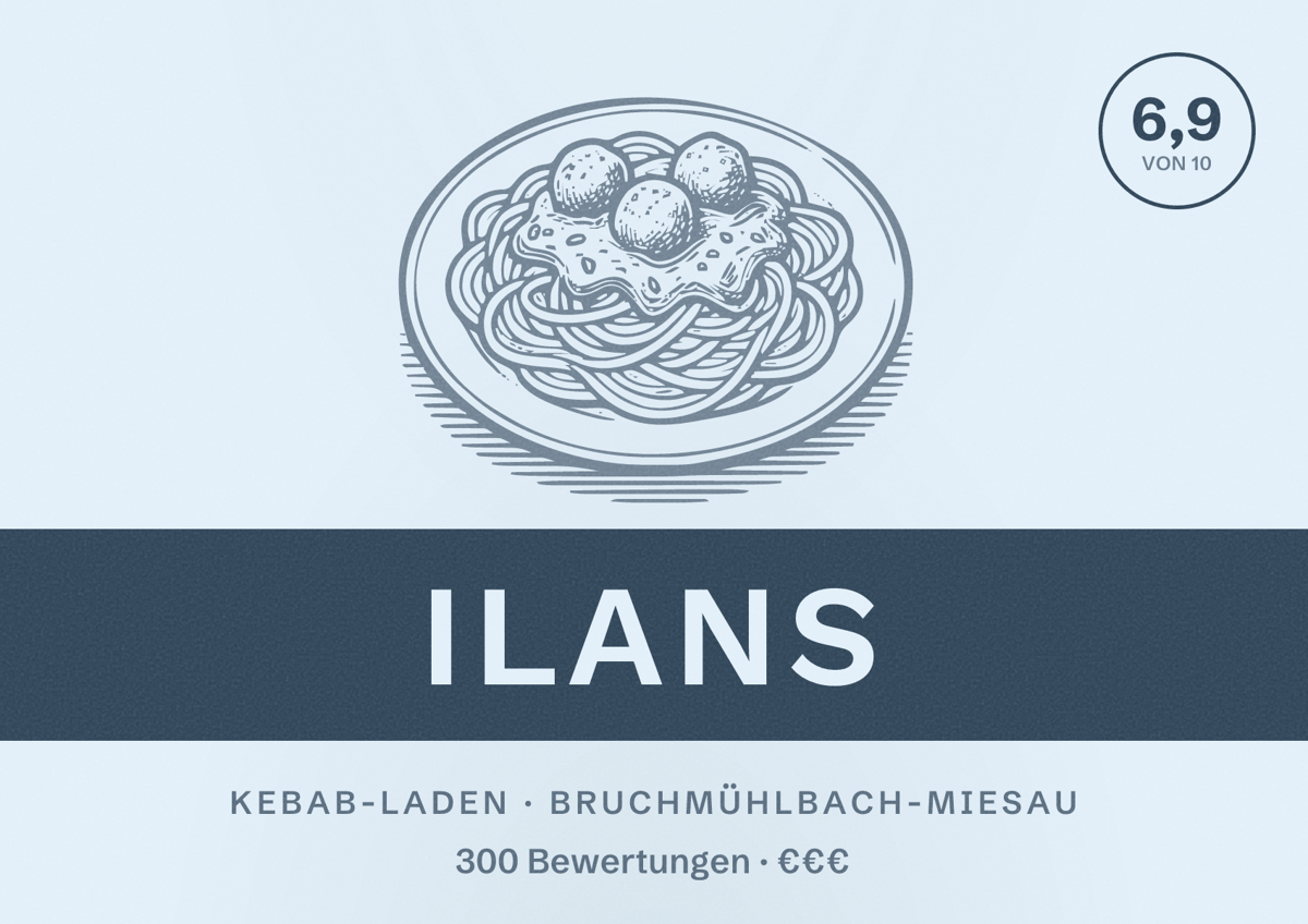 Illustriertes Poster von Ilans, Kebab-Laden in Bruchmühlbach-Miesau: Bewertung 6,9 von 10 aus 300 Bewertungen, Preisniveau €€€