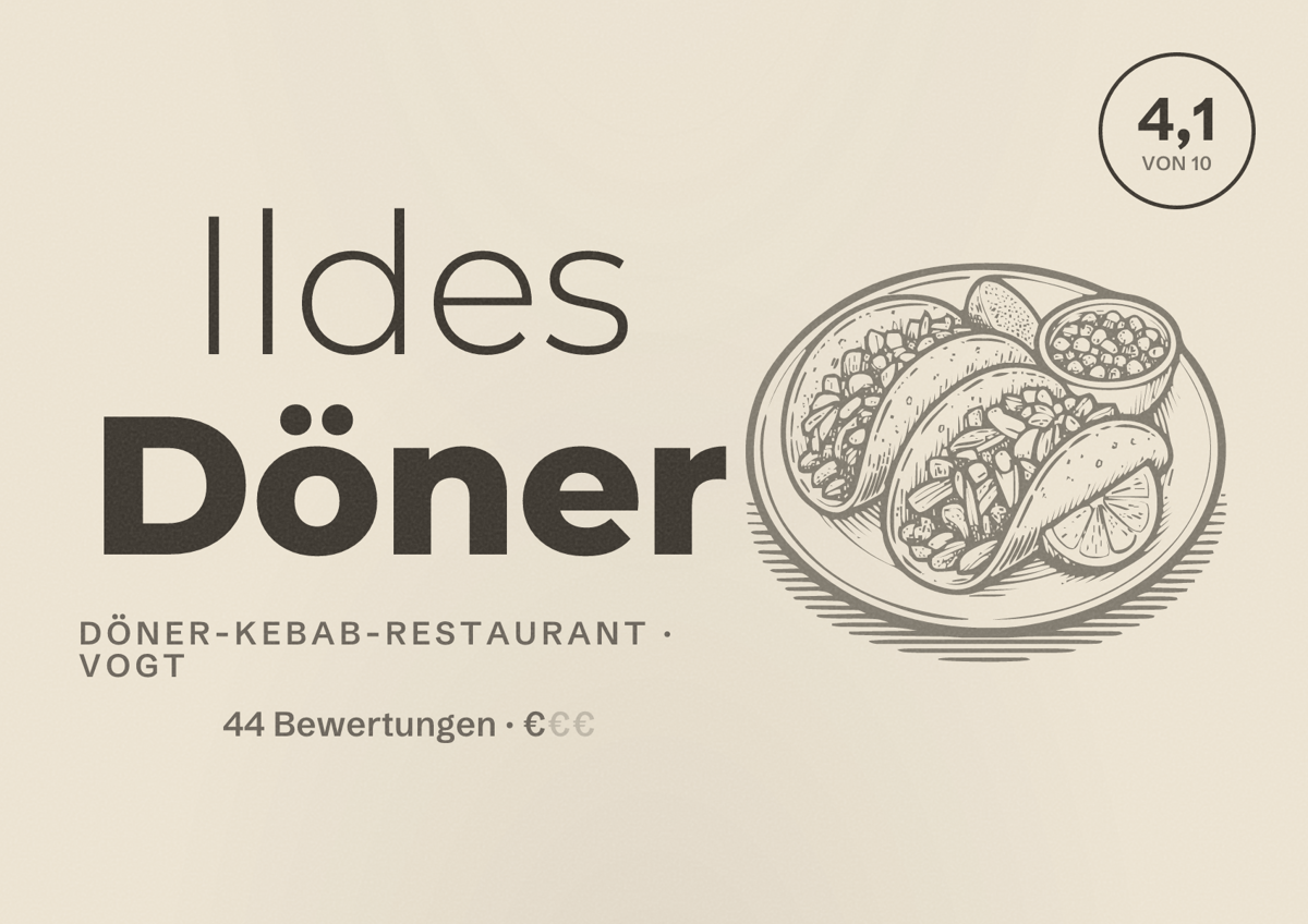 Illustriertes Poster von Ildes Döner, Döner-Kebab-Restaurant in Vogt: Bewertung 4,1 von 10 aus 44 Bewertungen, Preisniveau €