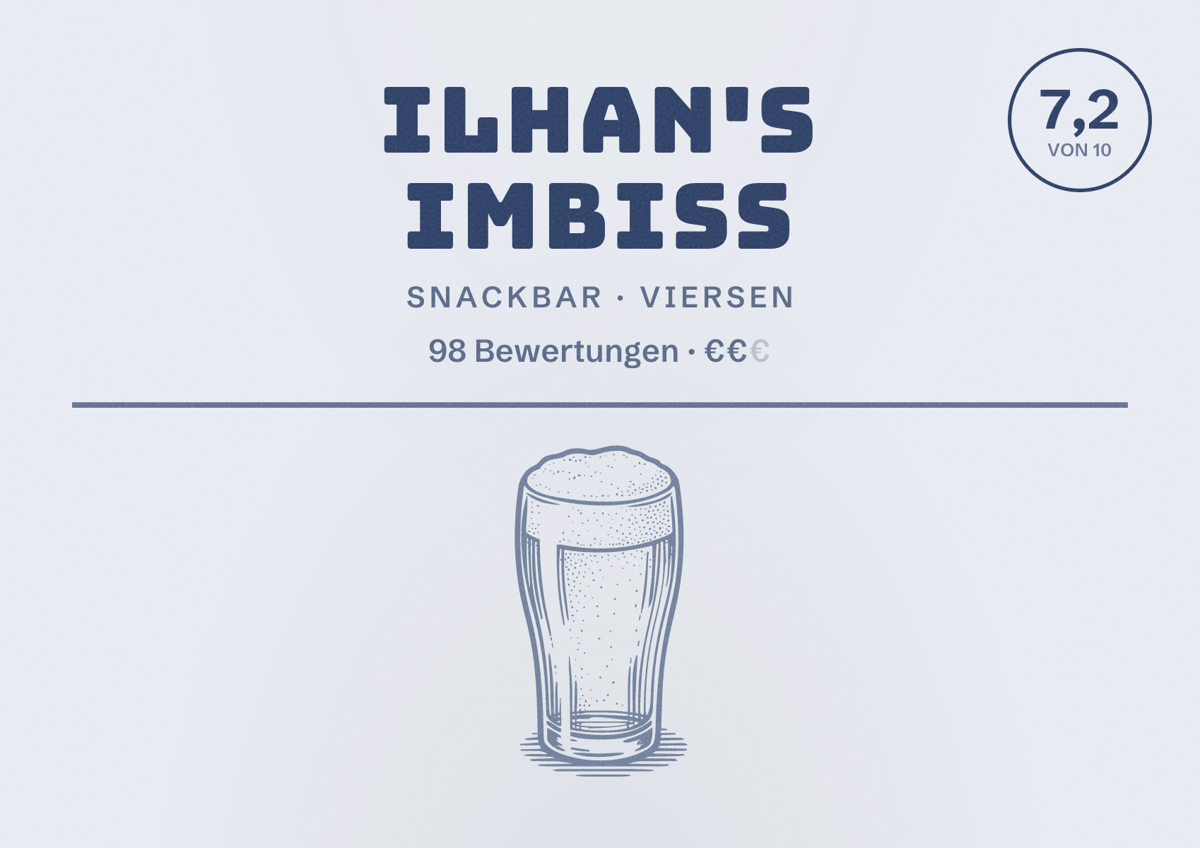 Illustriertes Poster von Ilhan's Imbiss, Snackbar in Viersen: Bewertung 7,2 von 10 aus 98 Bewertungen, Preisniveau €€