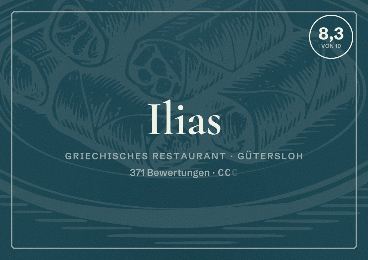 Illustriertes Poster von Ilias, Griechisches Restaurant in Gütersloh: Bewertung 8,3 von 10 aus 371 Bewertungen, Preisniveau €€