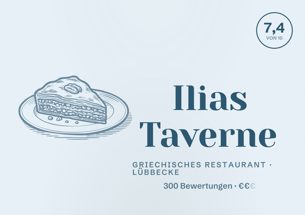 Illustriertes Poster von Ilias Taverne, Griechisches Restaurant in Lübbecke: Bewertung 7,4 von 10 aus 300 Bewertungen, Preisniveau €€