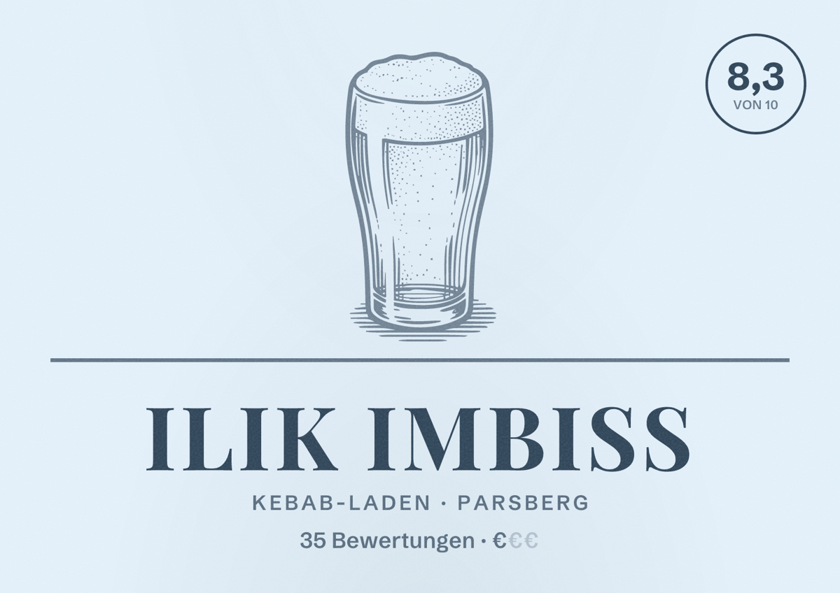 Illustriertes Poster von Ilik Imbiss, Kebab-Laden in Parsberg: Bewertung 8,3 von 10 aus 35 Bewertungen, Preisniveau €