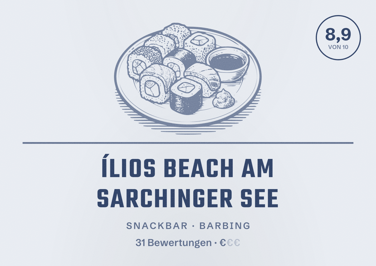 Illustriertes Poster von Ílios Beach am Sarchinger See, Snackbar in Barbing: Bewertung 8,9 von 10 aus 31 Bewertungen, Preisniveau €