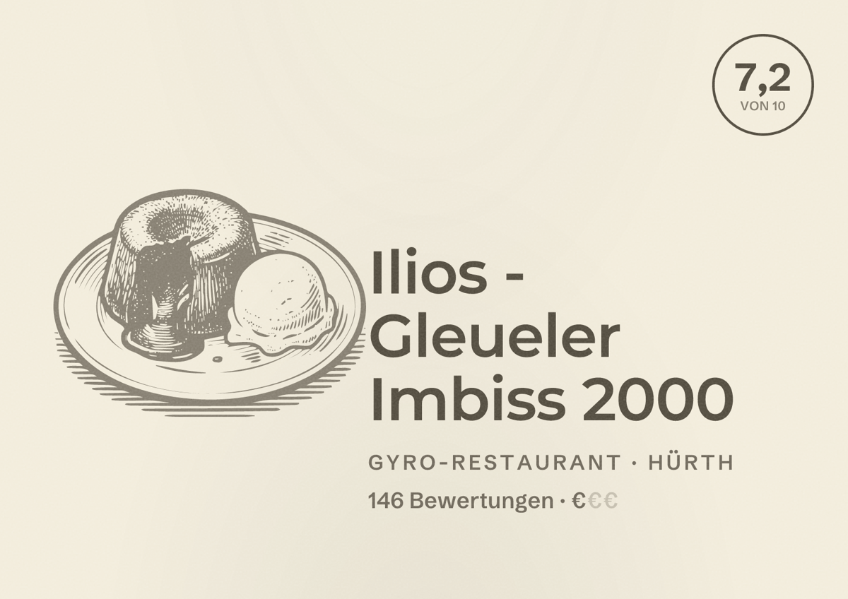 Illustriertes Poster von Ilios - Gleueler Imbiss 2000, Gyro-Restaurant in Hürth: Bewertung 7,2 von 10 aus 146 Bewertungen, Preisniveau €