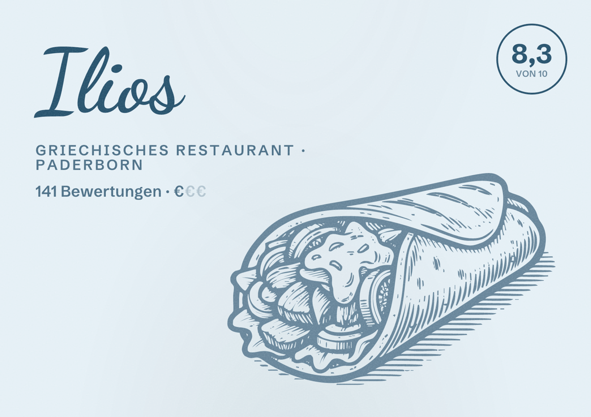 Illustriertes Poster von Ilios, Griechisches Restaurant in Paderborn: Bewertung 8,3 von 10 aus 141 Bewertungen, Preisniveau €