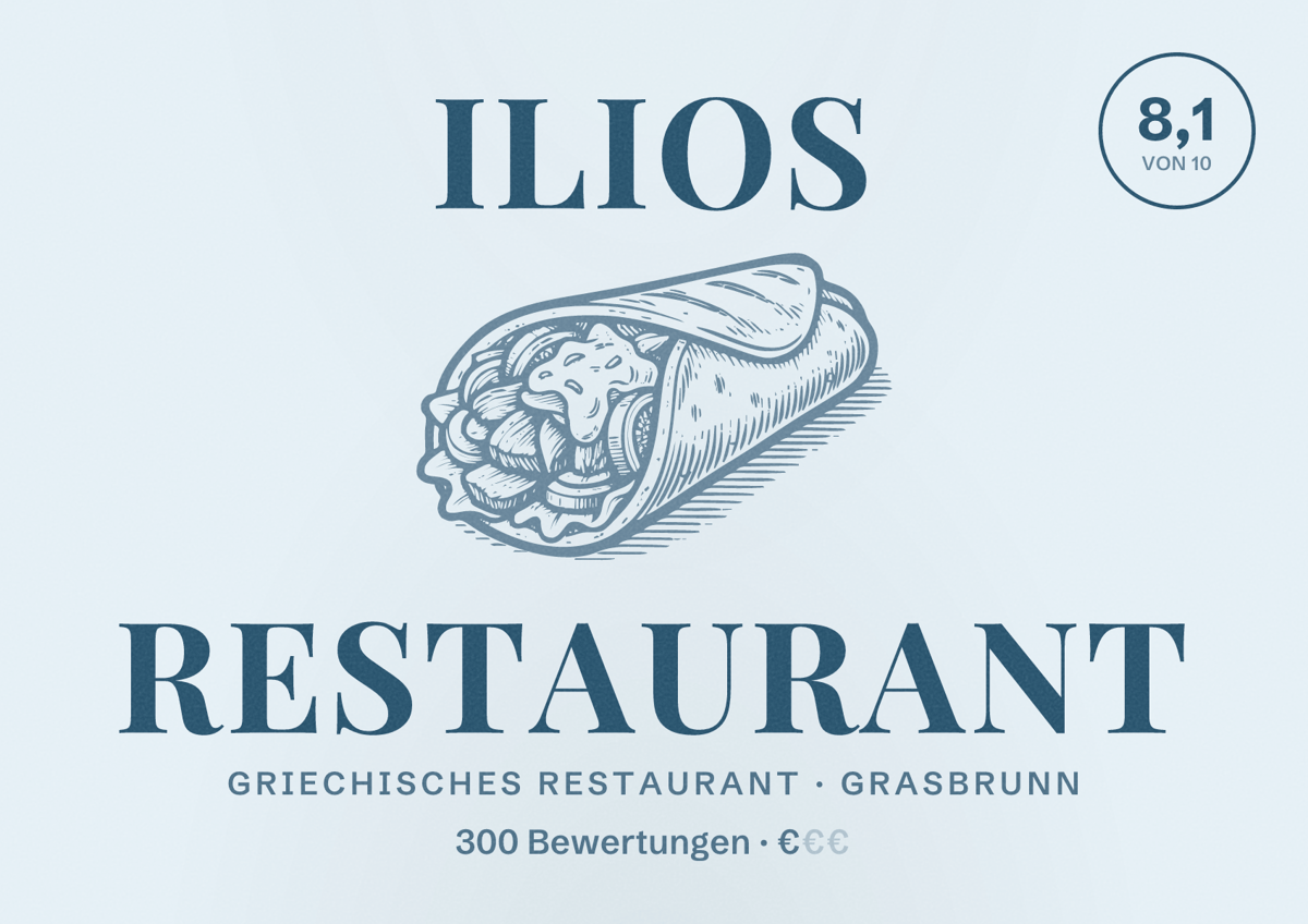Illustriertes Poster von Ilios Restaurant, Griechisches Restaurant in Grasbrunn: Bewertung 8,1 von 10 aus 300 Bewertungen, Preisniveau €