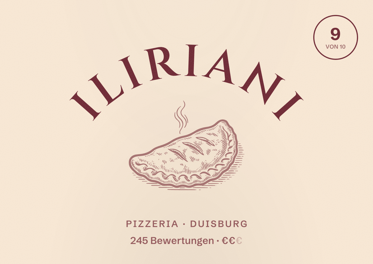 Illustriertes Poster von ILIRIANI, Pizzeria in Duisburg: Bewertung 9 von 10 aus 245 Bewertungen, Preisniveau €€