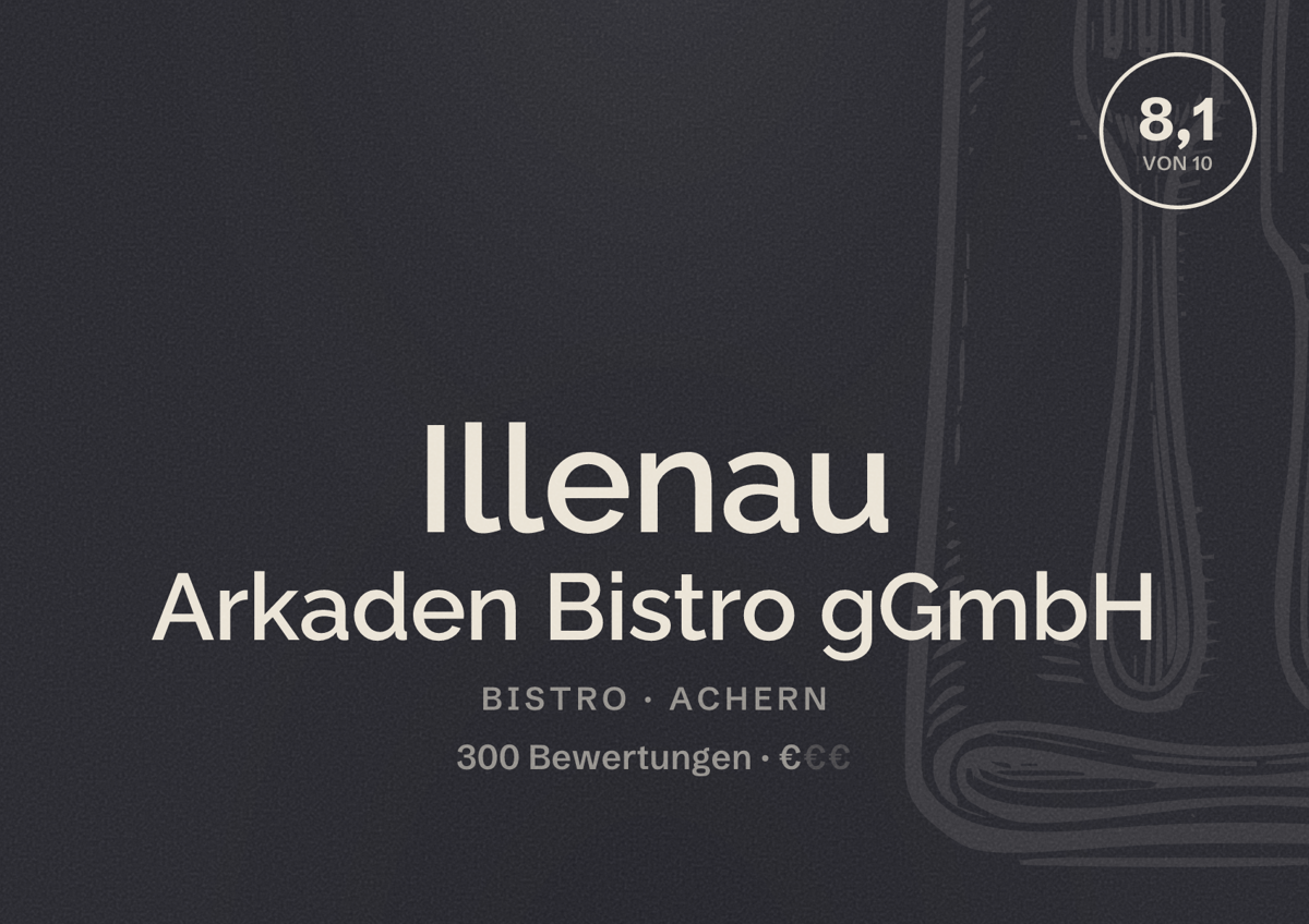 Illustriertes Poster von Illenau Arkaden Bistro gGmbH, Bistro in Achern: Bewertung 8,1 von 10 aus 300 Bewertungen, Preisniveau €