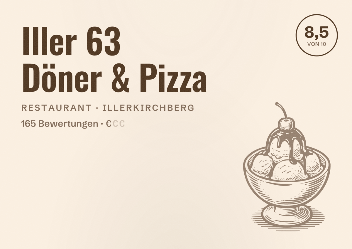 Illustriertes Poster von Iller 63 Döner & Pizza, Restaurant in Illerkirchberg: Bewertung 8,5 von 10 aus 165 Bewertungen, Preisniveau €
