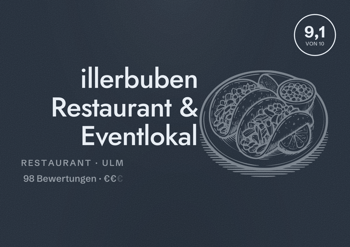 Illustriertes Poster von illerbuben Restaurant & Eventlokal, Restaurant in Ulm: Bewertung 9,1 von 10 aus 98 Bewertungen, Preisniveau €€