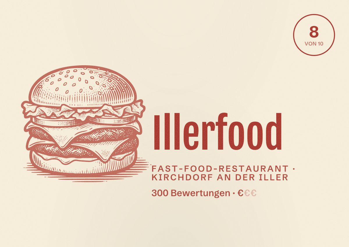 Illustriertes Poster von Illerfood, Fast-Food-Restaurant in Kirchdorf an der Iller: Bewertung 8 von 10 aus 300 Bewertungen, Preisniveau €