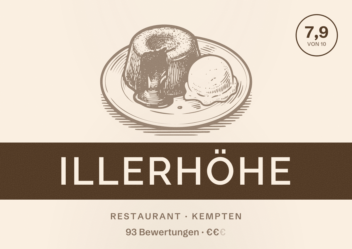 Illustriertes Poster von Illerhöhe, Restaurant in Kempten: Bewertung 7,9 von 10 aus 93 Bewertungen, Preisniveau €€