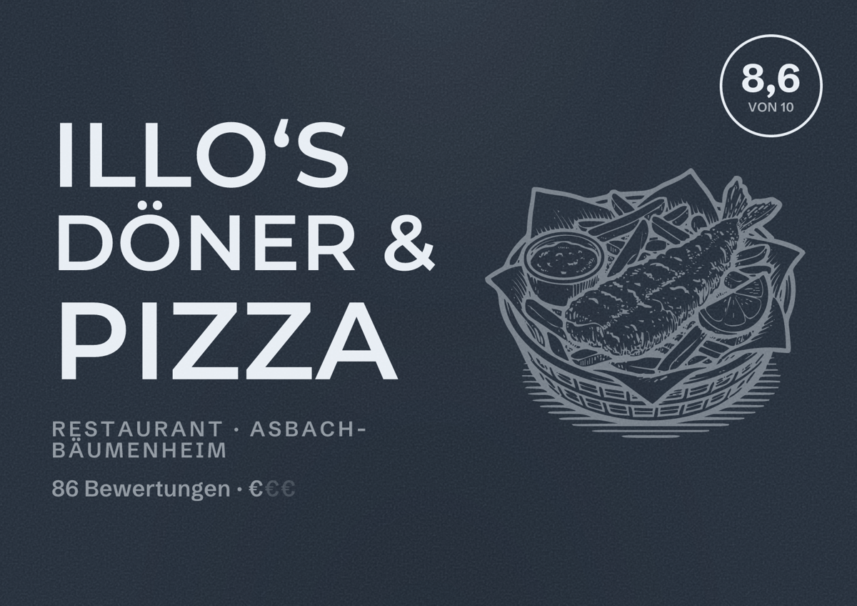 Illustriertes Poster von Illo‘s Döner & Pizza, Restaurant in Asbach-Bäumenheim: Bewertung 8,6 von 10 aus 86 Bewertungen, Preisniveau €