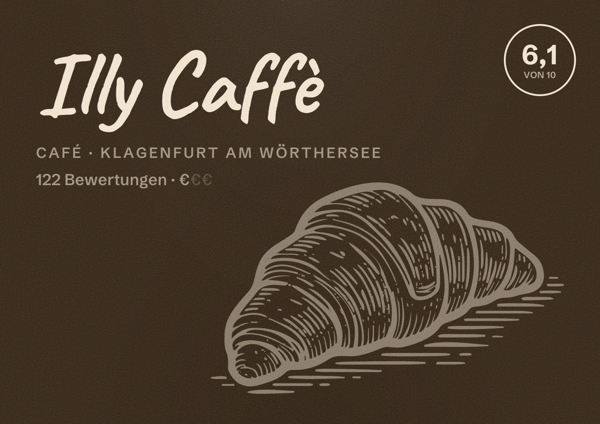 Illustriertes Poster von Illy Caffè, Café in Klagenfurt am Wörthersee: Bewertung 6,1 von 10 aus 122 Bewertungen, Preisniveau €