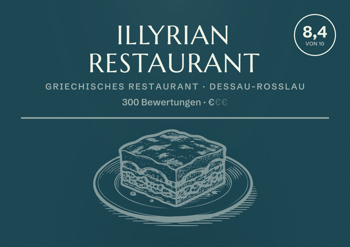 Illustriertes Poster von Illyrian Restaurant, Griechisches Restaurant in Dessau-Roßlau: Bewertung 8,4 von 10 aus 300 Bewertungen, Preisniveau €