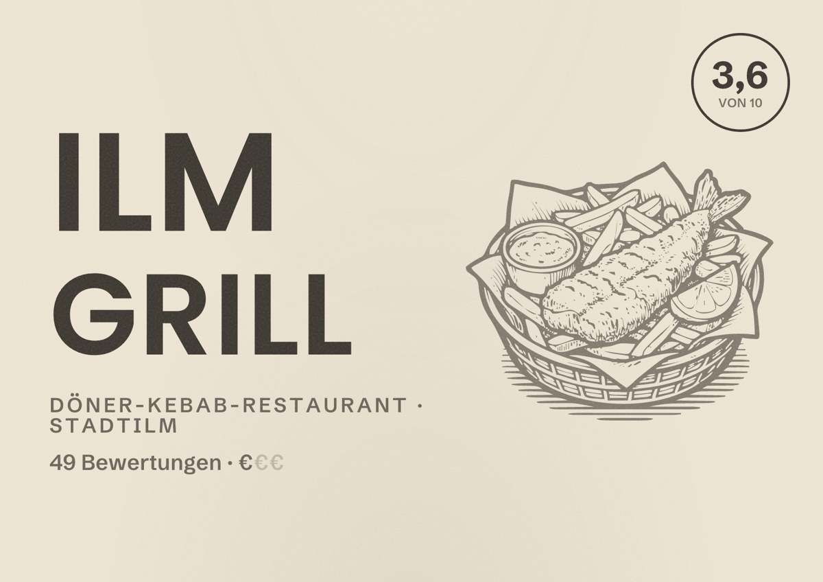 Illustriertes Poster von ILM Grill, Döner-Kebab-Restaurant in Stadtilm: Bewertung 3,6 von 10 aus 49 Bewertungen, Preisniveau €