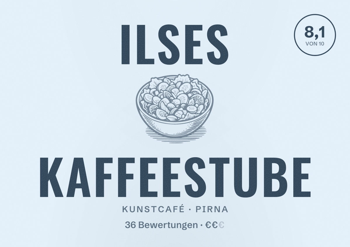 Illustriertes Poster von Ilses Kaffeestube, Kunstcafé in Pirna: Bewertung 8,1 von 10 aus 36 Bewertungen, Preisniveau €€