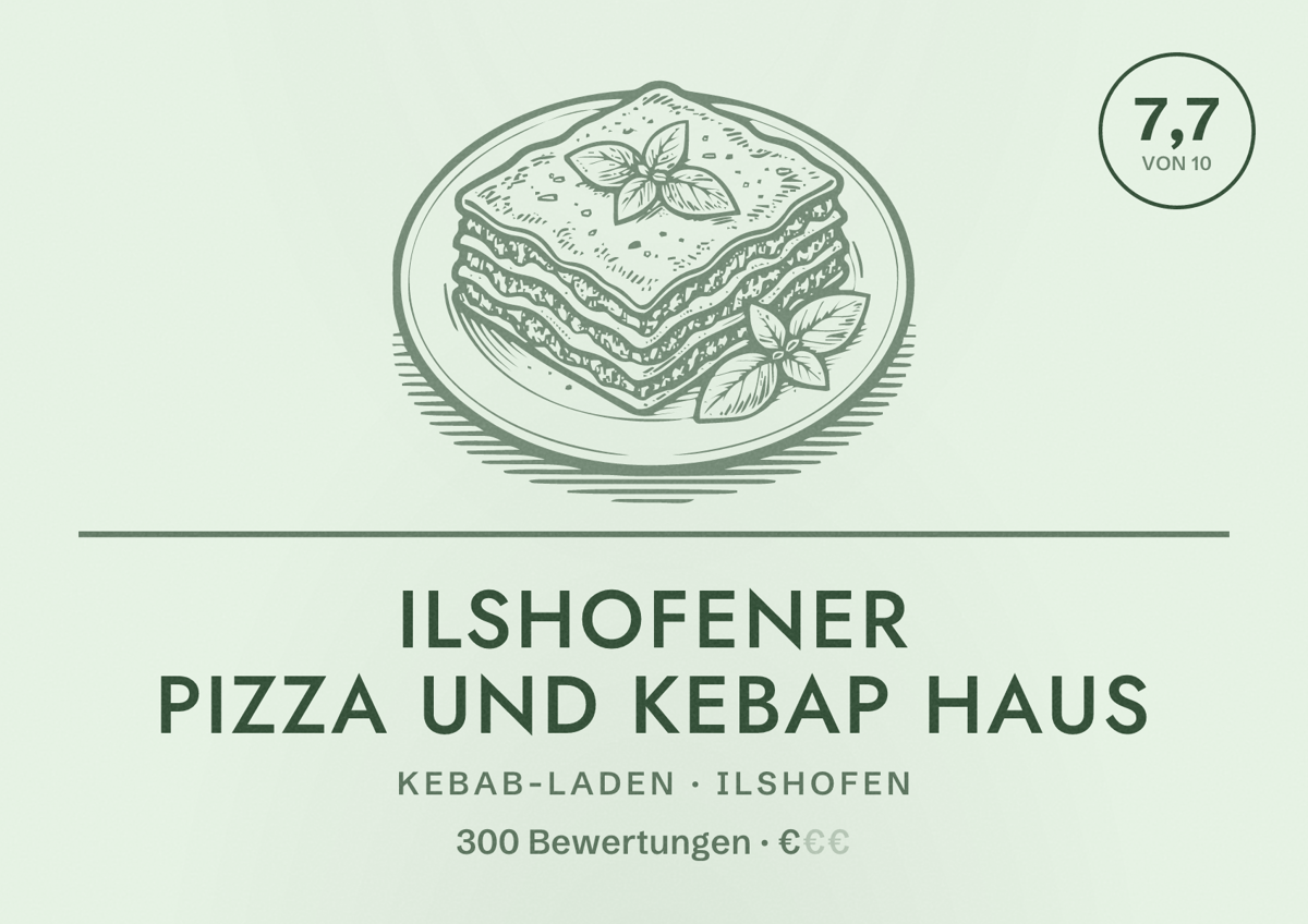 Illustriertes Poster von Ilshofener Pizza und Kebap Haus, Kebab-Laden in Ilshofen: Bewertung 7,7 von 10 aus 300 Bewertungen, Preisniveau €