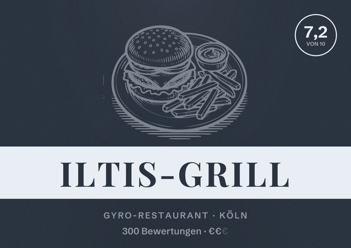 Illustriertes Poster von Iltis-Grill, Gyro-Restaurant in Köln: Bewertung 7,2 von 10 aus 300 Bewertungen, Preisniveau €€