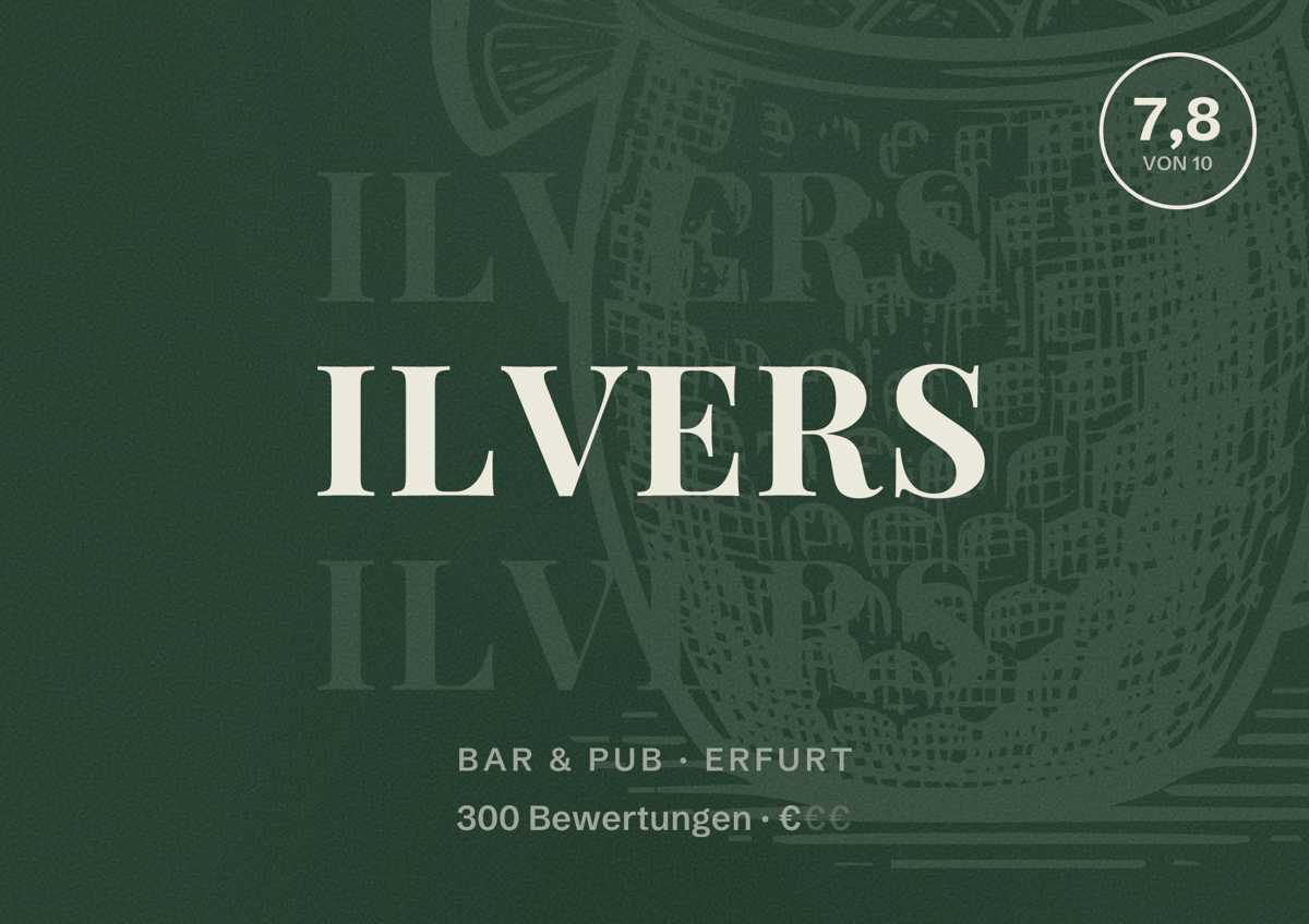 Illustriertes Poster von Ilvers, Bar & Pub in Erfurt: Bewertung 7,8 von 10 aus 300 Bewertungen, Preisniveau €
