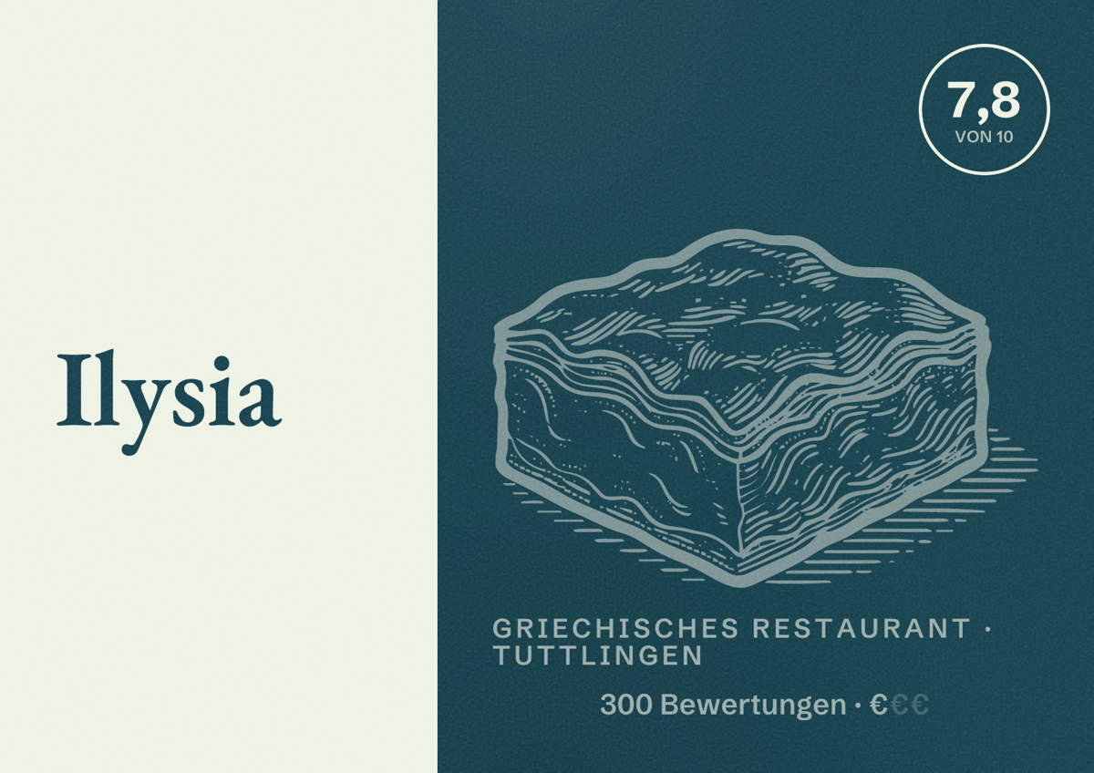 Illustriertes Poster von Ilysia, Griechisches Restaurant in Tuttlingen: Bewertung 7,8 von 10 aus 300 Bewertungen, Preisniveau €