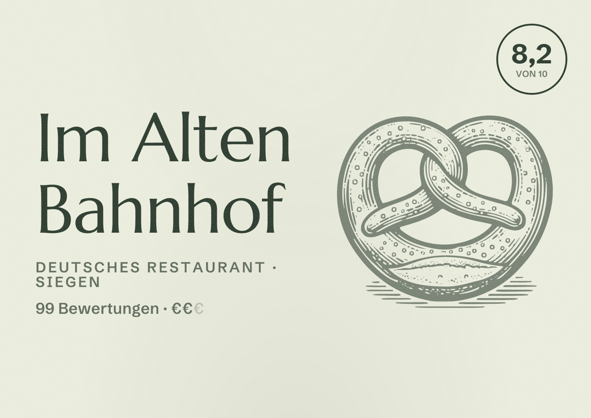 Illustriertes Poster von Im Alten Bahnhof, Deutsches Restaurant in Siegen: Bewertung 8,2 von 10 aus 99 Bewertungen, Preisniveau €€