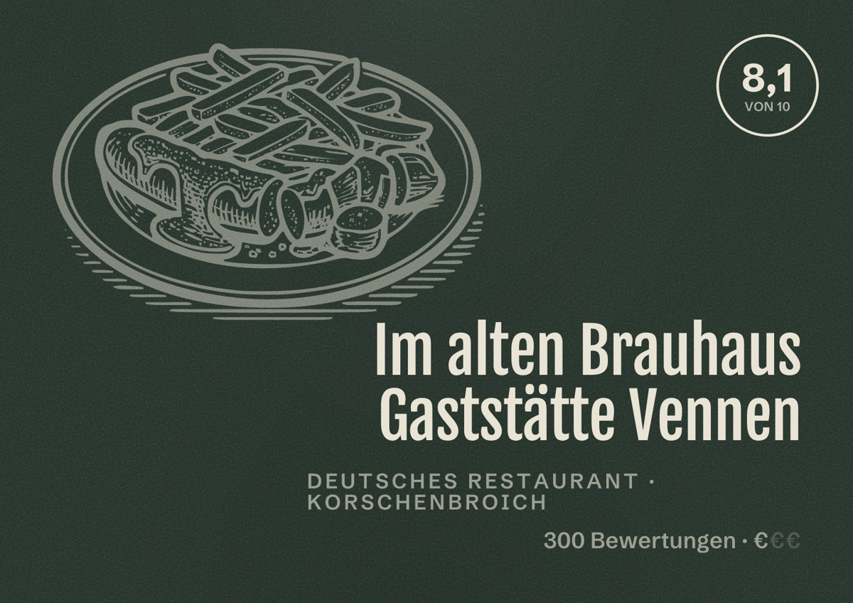 Illustriertes Poster von Im alten Brauhaus Gaststätte Vennen, Deutsches Restaurant in Korschenbroich: Bewertung 8,1 von 10 aus 300 Bewertungen, Preisniveau €