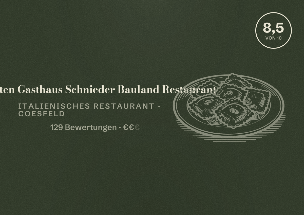 Illustriertes Poster von Im alten Gasthaus Schnieder Bauland Restaurant, Italienisches Restaurant in Coesfeld: Bewertung 8,5 von 10 aus 129 Bewertungen, Preisniveau €€