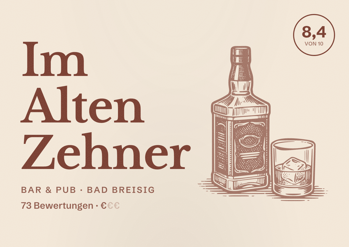 Illustriertes Poster von Im Alten Zehner, Bar & Pub in Bad Breisig: Bewertung 8,4 von 10 aus 73 Bewertungen, Preisniveau €