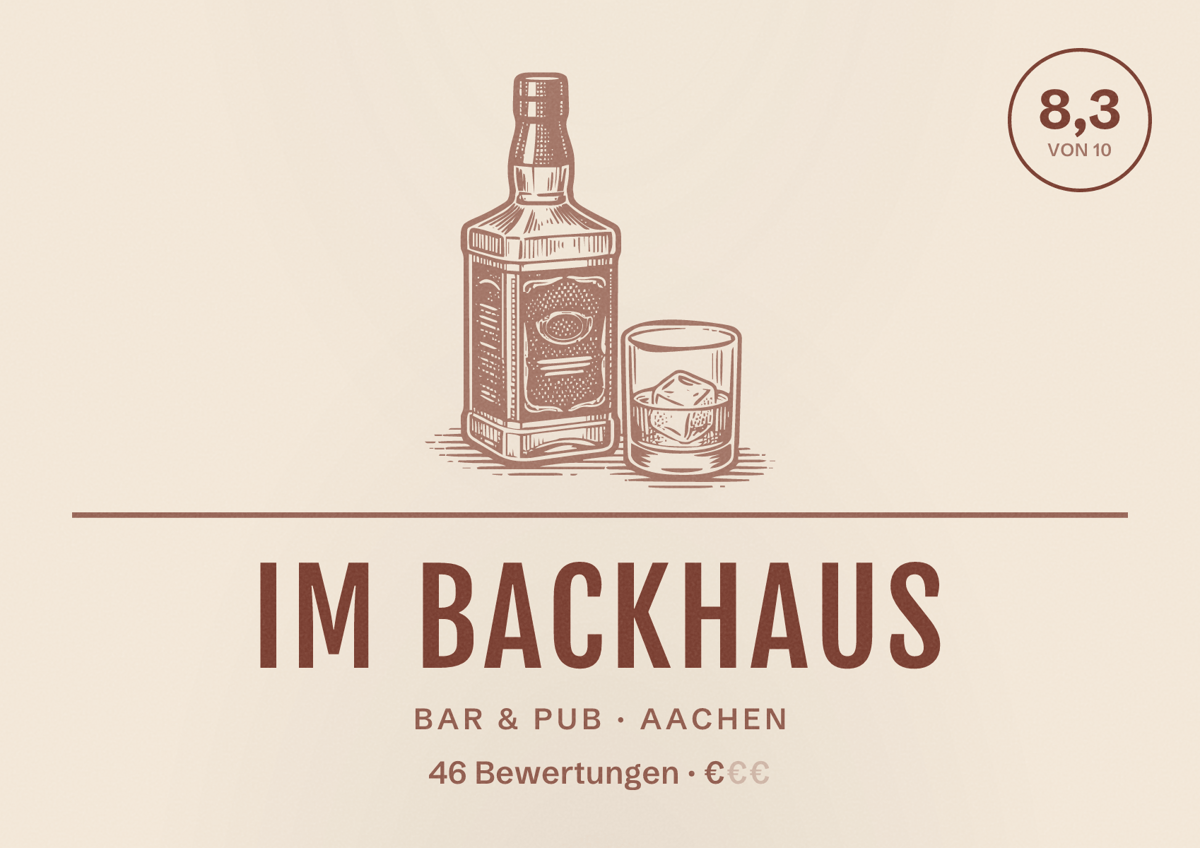 Illustriertes Poster von Im Backhaus, Bar & Pub in Aachen: Bewertung 8,3 von 10 aus 46 Bewertungen, Preisniveau €