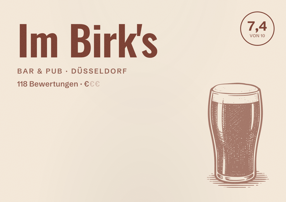 Illustriertes Poster von Im Birk's, Bar & Pub in Düsseldorf: Bewertung 7,4 von 10 aus 118 Bewertungen, Preisniveau €