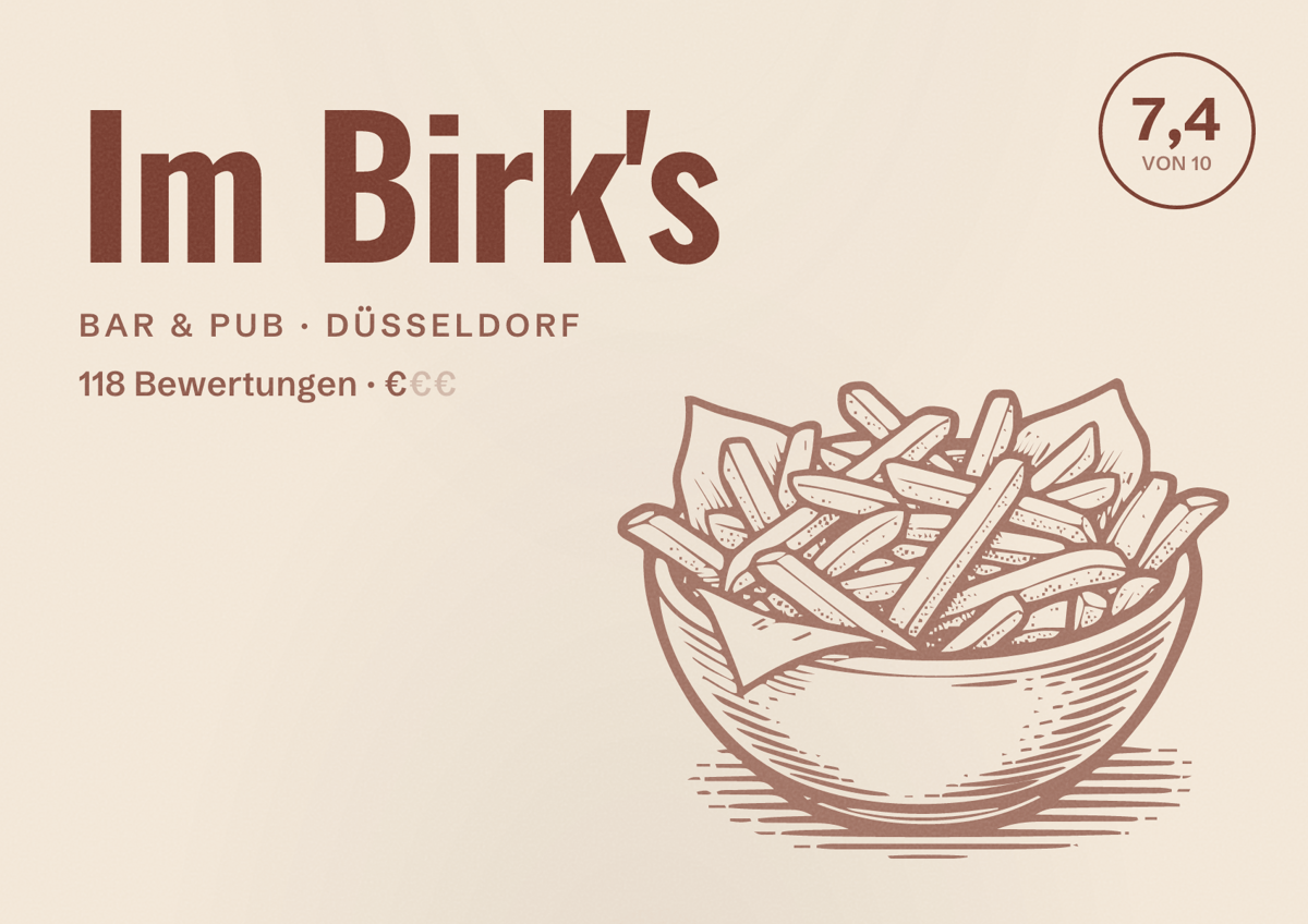 Illustriertes Poster von Im Birk's, Bar & Pub in Düsseldorf: Bewertung 7,4 von 10 aus 118 Bewertungen, Preisniveau €