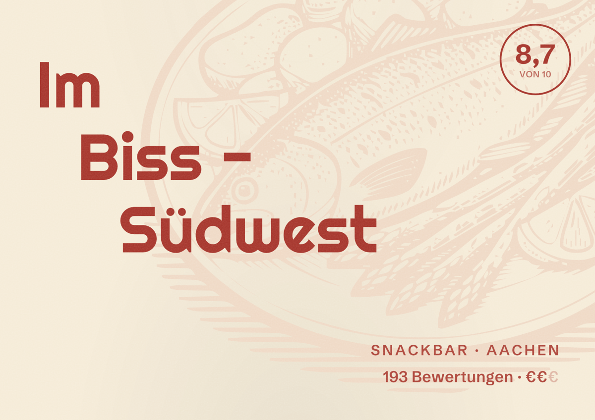 Illustriertes Poster von Im Biss - Südwest, Snackbar in Aachen: Bewertung 8,7 von 10 aus 193 Bewertungen, Preisniveau €€