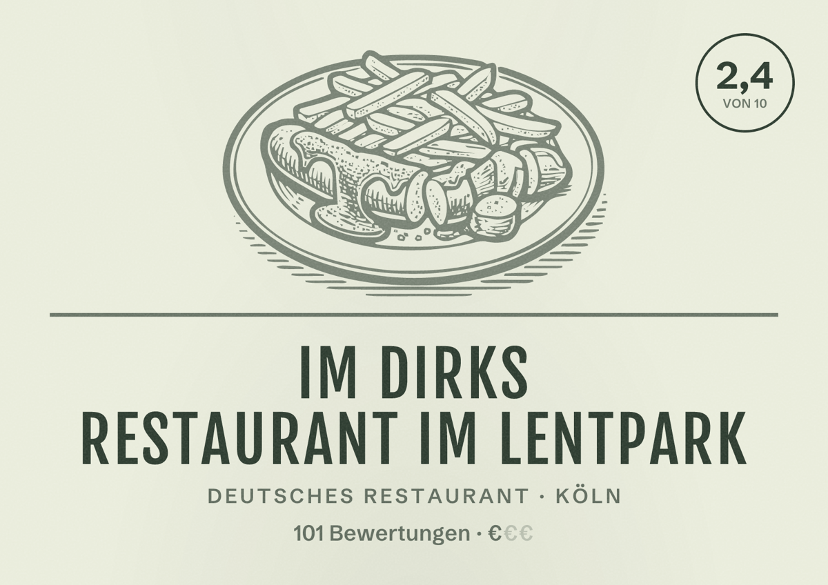 Illustriertes Poster von Im Dirks Restaurant im Lentpark, Deutsches Restaurant in Köln: Bewertung 2,4 von 10 aus 101 Bewertungen, Preisniveau €